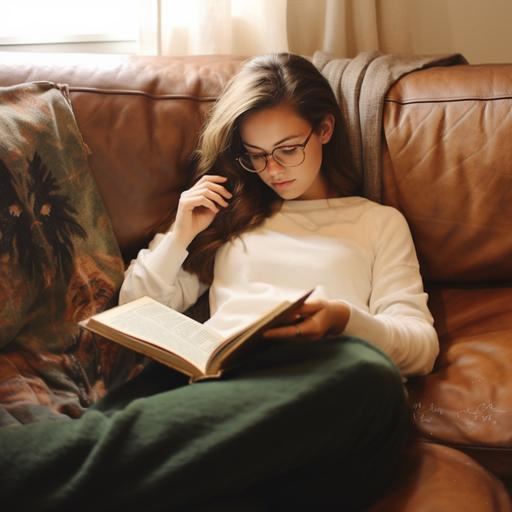 girl cozy reading bible on couch in sweater