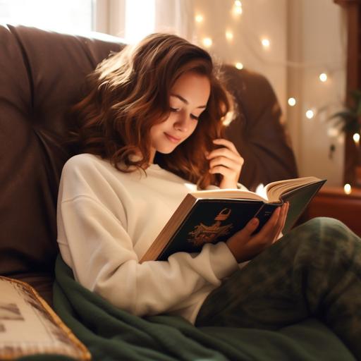 girl cozy reading bible on couch in sweater