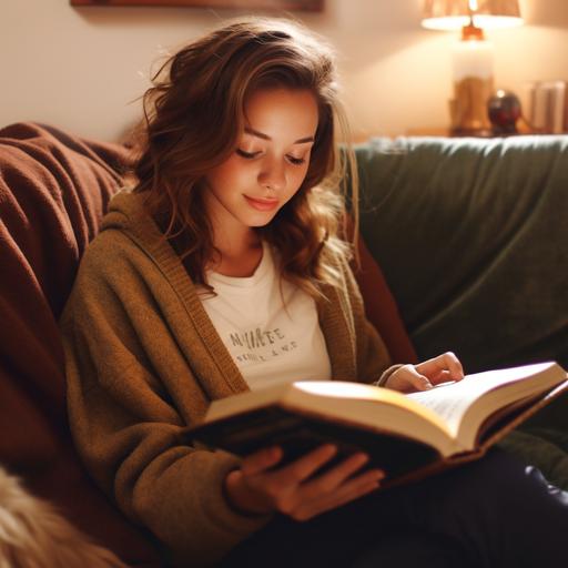 girl cozy reading bible on couch in sweater