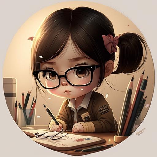 korean girl cute cartoon character, pen picture, round glasses, working hard