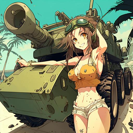 girl driving tank, illustration, tropicalpunk, anime, metal slug style.