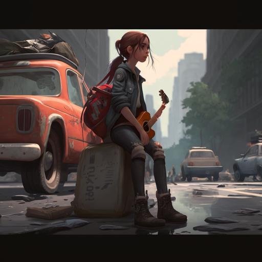 girl ellie pixar style upscaled widescreen super detailed with all star red shoes and red shirt sit on top car playing the acoustic guitar