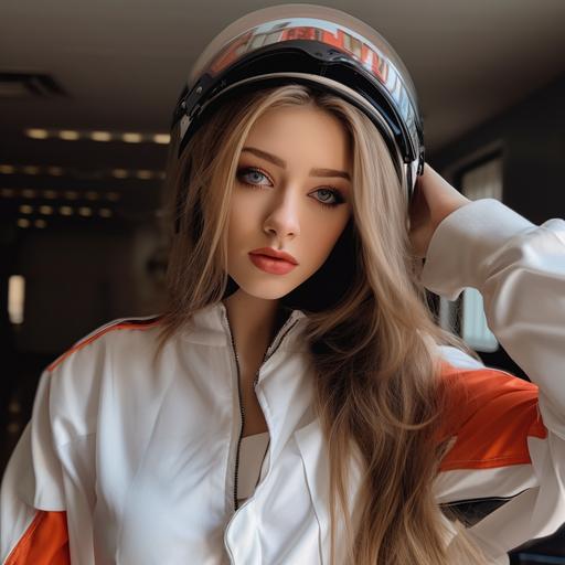 girl in a formula 1 pilot costume