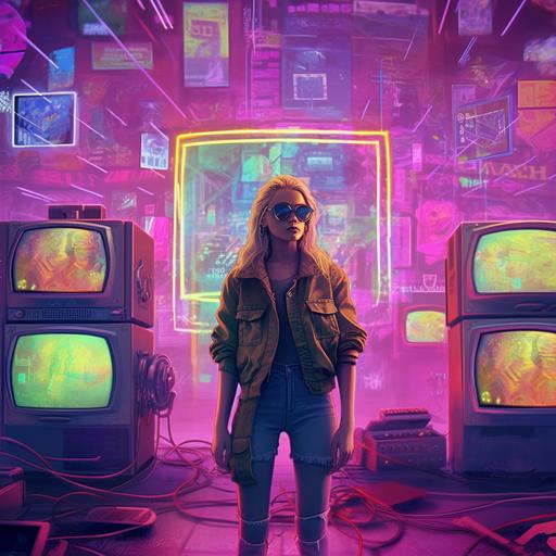 girl in a leather skirt, blonde long dreadlocks, in rock makeup, solarpunk standing in front of retro apple computer monitors, scifi in his 20s blasting, sneakers, hovering in action heroic pose in front of rows of 1980s retro television screens :: gorpcorp, solarpunk standing in front of retro apple computer monitors :: acid rain world, mad max, neon bars, unreal engine, high octane render, vibrant cracked glass and dreamy, slot machines from the 80s --v 5.1