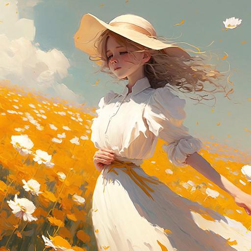 A girl in a white dress wearing a straw hat in a field of marigold flowers, holding it back with one hand to prevent it from being blown away by the wind, soft sunlight, five fingers, concept art