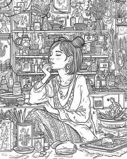 girl in art galery, coloring page for girls aged 12 plus, thick lines, black and white, no shading --ar 4:5 --v 6.0