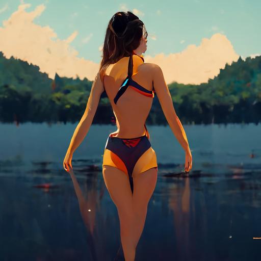 girl in bikini near lake, cartoon, 18:9, unreal engine 5
