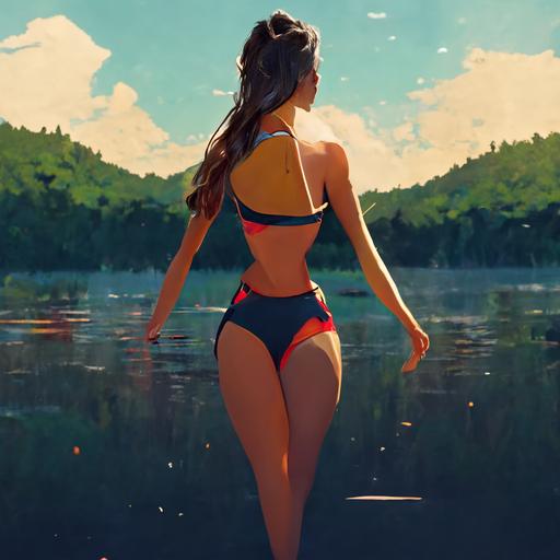 girl in bikini near lake, cartoon, 18:9, unreal engine 5