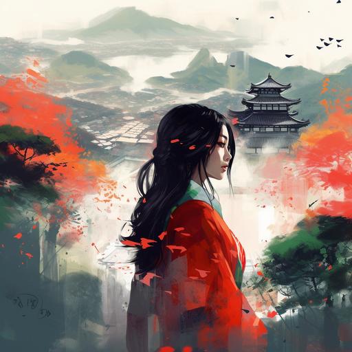 girl in hanbok, long black hair, mountains, trees, korean city in splatter style --v 5