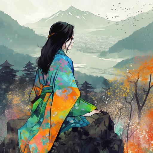 girl in hanbok, long black hair, mountains, trees, korean city in splatter style --v 5