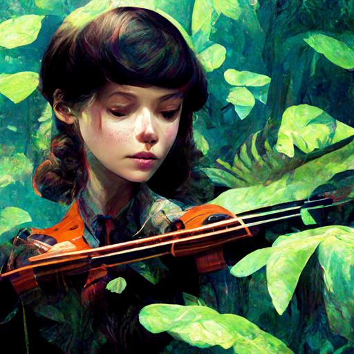 girl in nature with bionic animals: playin violin