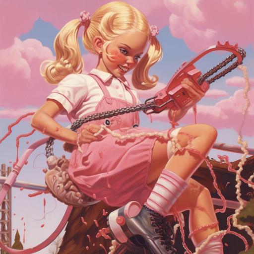 girl in pink with blonde braids skirt striped socks wielding a chainsaw a licking a lollipop