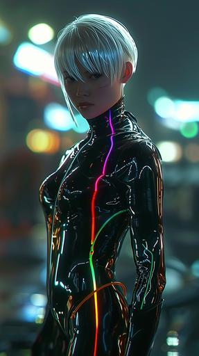 girl in vr suit, scifi, black slim suit with rainbow tron lines, vantablack background, perfect body, short white hair, silver eyes, hourglass hips, legs --ar 9:16 --v 6.0