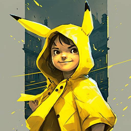 girl in yellow rain jacket smiling face, in front of a city, illustration