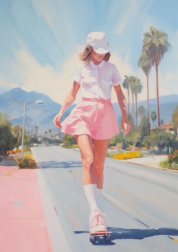 girl is wearing long white socks and a cute pink short, she is skateboarding down a suburb street, flat illustration, smooth oil painting, 1960s palm springs, Sunny, summery day, extream close up on the brush strokes --ar 5:7
