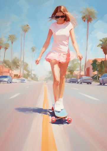 girl is wearing long white socks and a cute pink short, she is skateboarding down a suburb street, flat illustration, smooth oil painting, 1960s palm springs, Sunny, summery day, extream close up on the brush strokes --ar 5:7