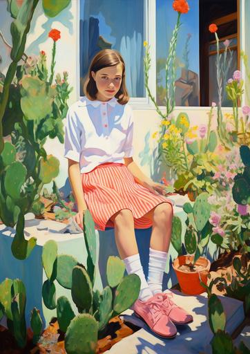 girl is wearing long white socks and a cute pink short, she is sat in her back yard, colorful flowers and fauna, flat illustration, smooth oil painting, 1960s palm springs, Sunny, summery day, extream close up on the brush strokes --ar 5:7