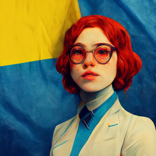 girl on a cream suit, straight short hair, hugging a yellow pet alligator, blue background, octane render, red lips, wearing glasses, full body, red hair