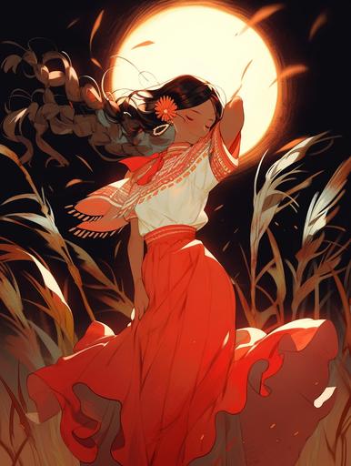 , girl on a field of sugar cane, sugar cane, night, , dancing, full body, traditional Cuban dress, young girl, tanned skin, red and black long hair, Cuban dress, ruffles, red, blue, white, grainy texture, a character portrait by Victo Ngai, featured on Artstation, in the style of wlop, ilya kuvshinov, tarot card, high detail, art nouveau, vibrant, colorful, macaw, green, orange, bright, molas textiles, moebius, kilian eng, cyberpunk, neon, gold, pink highlights, magic, fantasy, intricate, highly detailed, sorceress, goddess  --ar 60:80 --niji 5