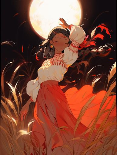 , girl on a field of sugar cane, sugar cane, night, , dancing, full body, traditional Cuban dress, young girl, tanned skin, red and black long hair, Cuban dress, ruffles, red, blue, white, grainy texture, a character portrait by Victo Ngai, featured on Artstation, in the style of wlop, ilya kuvshinov, tarot card, high detail, art nouveau, vibrant, colorful, macaw, green, orange, bright, molas textiles, moebius, kilian eng, cyberpunk, neon, gold, pink highlights, magic, fantasy, intricate, highly detailed, sorceress, goddess  --ar 60:80 --niji 5