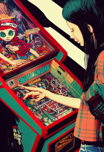 girl playing classic arcade pinball machine, 20-something punk girl in flannel shirt, combat boots, big eyes, disheveled hair, detailed line art, jamie hewlitt, james jean, moebius, --test --ar 2:3 --upbeta