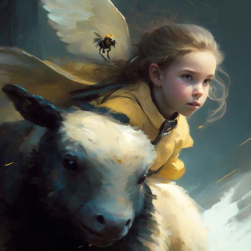 girl riding bumble bee, close up, romantic style