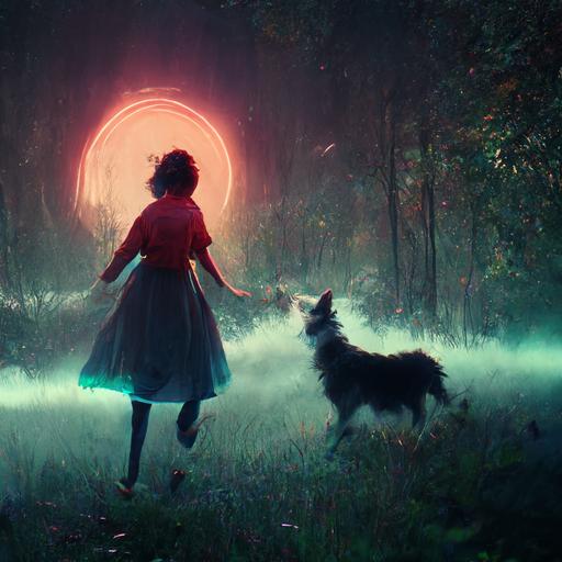 girl running with his border collie，Mystical, fantasy, sun rays, miyazaki, forest, hypermaximalist, foggy, hyper detail, 8k, octane render, animated art, cinematic