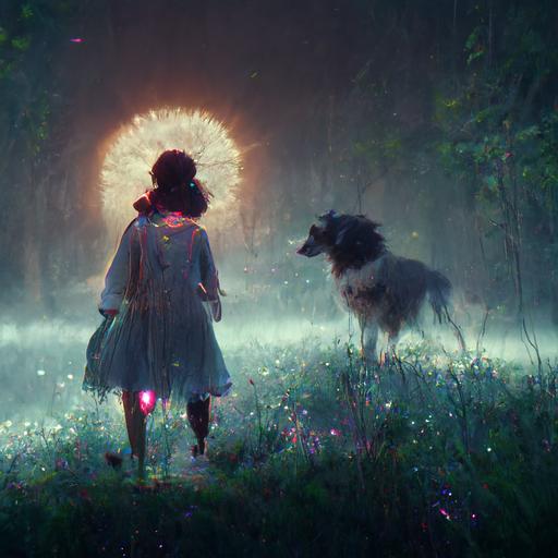 girl running with his border collie，Mystical,  fantasy,  sun rays, miyazaki, forest,  hypermaximalist, foggy, hyper detail, 8k, octane render, animated art, cinematic