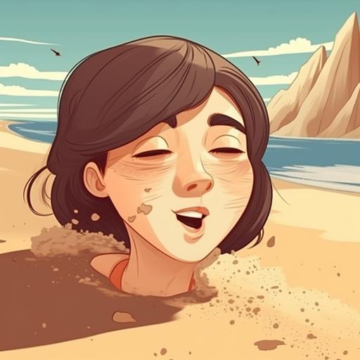 girl sticks the face out of the sand, Ocean background, cartoon style, funny atmosphere, photorealistic, cinematographic, insane details, elegant atmosphere --q 1 --v 5