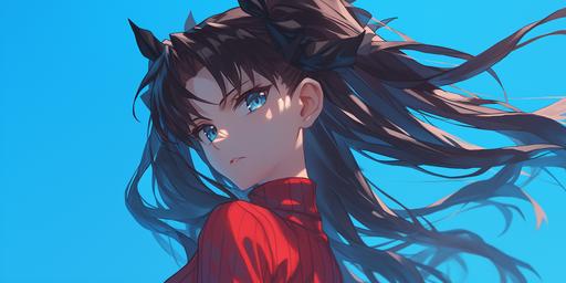 girl, tohsaka rin, solo, long hair, sweater, red sweater, looking at viewer, blue background, black hair, simple background, two side up, turtleneck, blue eyes, lips, closed mouth, ribbon, hair ribbon, bangs, turtleneck sweater, upper body, parted bangs, black ribbon, ribbed sweater, twintails, nose --ar 2:1 --niji 6