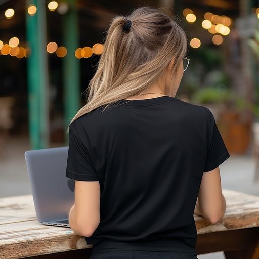 girl wearing blank black t-shirt back view, using laptop. realistic photo