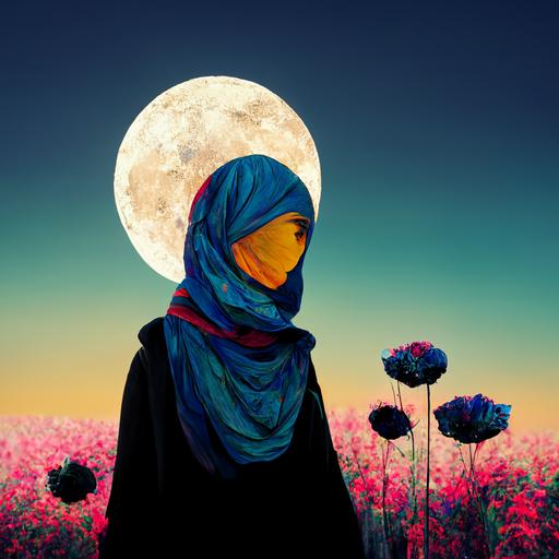 girl wearing hijab, flower garden, landscape, fresh sky moon night