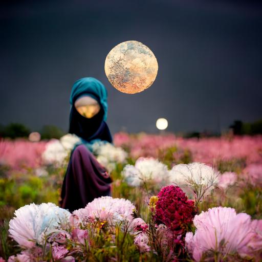 girl wearing hijab, flower garden, landscape, fresh sky moon night