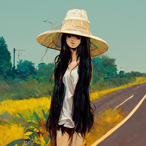 girl, white one piece, summer, asian, anime, country side, painting style, black hair, noon, flower, tree, road, long hair, straw hat