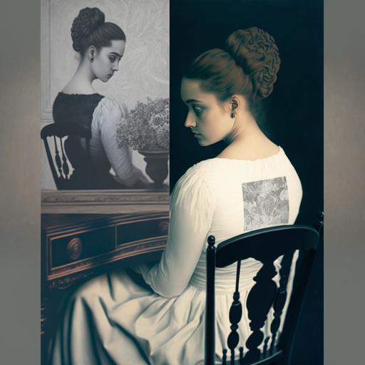 girl with a bun in a chair, whithe closeths , painting a imagine black and color