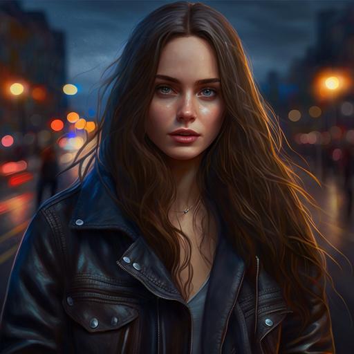girl with brown long hair, blue eyes, photorealistic, ukrainian, slim, with cigarette, leather jacket, blue jeans, city light, night
