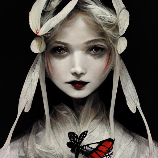 girl with butterfly wings, long blonde hair, red eyes, black and white dress, white voile in head, rose thorns, art