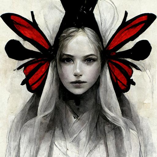 girl with butterfly wings, long blonde hair, red eyes, black and white dress, white voile in head, rose thorns, art