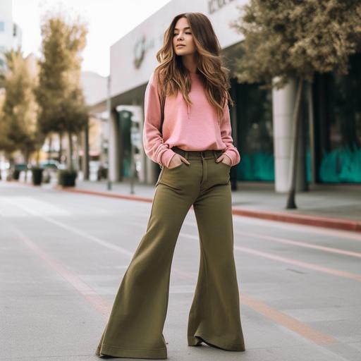 girl with olive green hoodie and pink bell bottom jeans --v 5