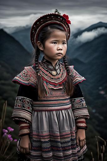 tech girl,Hmong Clothing dress, filed on the mountain top, --ar 2:3 --v 4