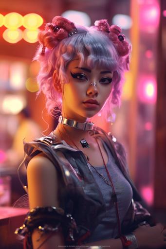 girl,cyber punk, Inside the Chinese restaurant , album cover, anodized titanium, decora kei outfit, asian, bokeh, Hick , portrait, Japanese woman, a little ugly and fat Japanese everywhere ,8k render, high octane, extremely detailed, ultra realistic,Photorealism,bright light,,fireflypunk --ar 2:3