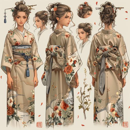 give me a character design for a protagonist of a manga with semi-realistic style, full body, different poses, with traced drawing style and pastel colors who is engaged in flower arrangement, give me a character design with different views, with a kimono --s 750 --v 6.0