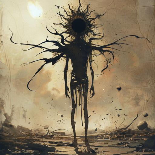 give me a dark silhouette monster, with head shape like sun, only head spreads tentacles, with skinny, almost skeletal humanoid body, standing still, in a background of devastation, appears to be gazing into us. --v 6.0