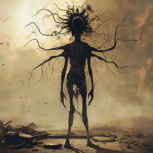 give me a dark silhouette monster, with head shape like sun, only head spreads tentacles, with skinny, almost skeletal humanoid body, standing still, in a background of devastation, appears to be gazing into us. --v 6.0