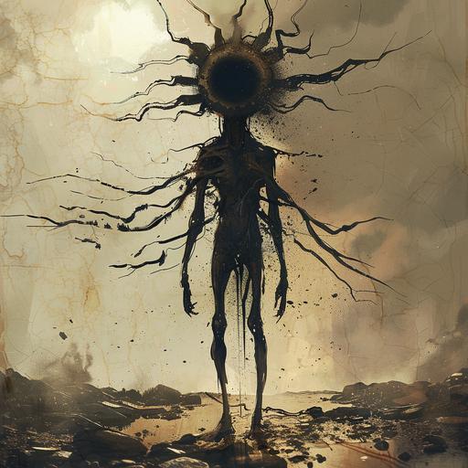 give me a dark silhouette monster, with head shape like sun, only head spreads tentacles, with skinny, almost skeletal humanoid body, standing still, in a background of devastation, appears to be gazing into us. --v 6.0