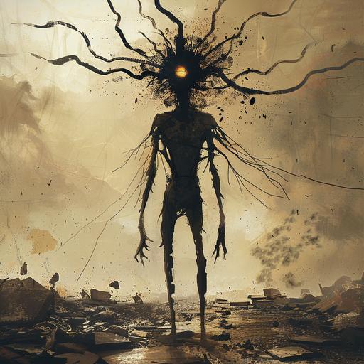 give me a dark silhouette monster, with head shape like sun, only head spreads tentacles, with skinny, almost skeletal humanoid body, standing still, in a background of devastation, appears to be gazing into us. --v 6.0