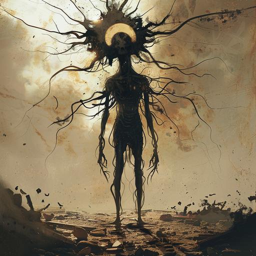 give me a dark silhouette monster, with head shape like sun, only head spreads tentacles, with skinny, almost skeletal humanoid body, standing still, in a background of devastation, appears to be gazing into us. --v 6.0