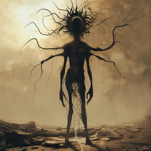 give me a dark silhouette monster, with head shape like sun, only head spreads tentacles, with skinny, almost skeletal humanoid body, standing still, in a background of devastation, appears to be gazing into us. --v 6.0