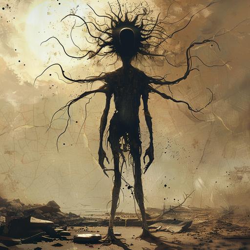 give me a dark silhouette monster, with head shape like sun, only head spreads tentacles, with skinny, almost skeletal humanoid body, standing still, in a background of devastation, appears to be gazing into us. --v 6.0