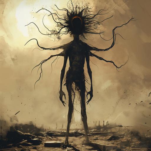 give me a dark silhouette monster, with head shape like sun, only head spreads tentacles, with skinny, almost skeletal humanoid body, standing still, in a background of devastation, appears to be gazing into us. --v 6.0